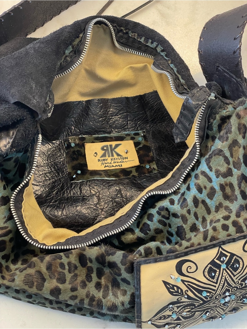 Handcrafted Teal Leopard Leather Shoulder Bag with Embossed Pocket - Picture 10 of 16